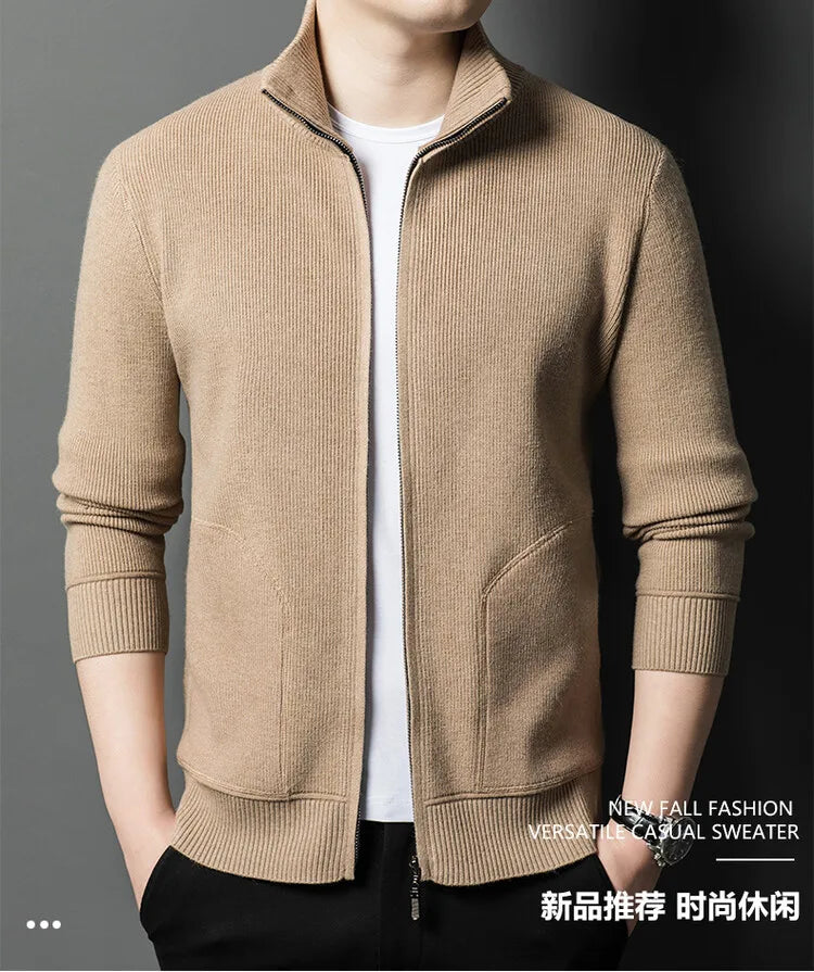 Men's Solid Colour Autumn Long-Sleeved Stretch Warm Cardigan, Daily Jacket Sizes M-4XL