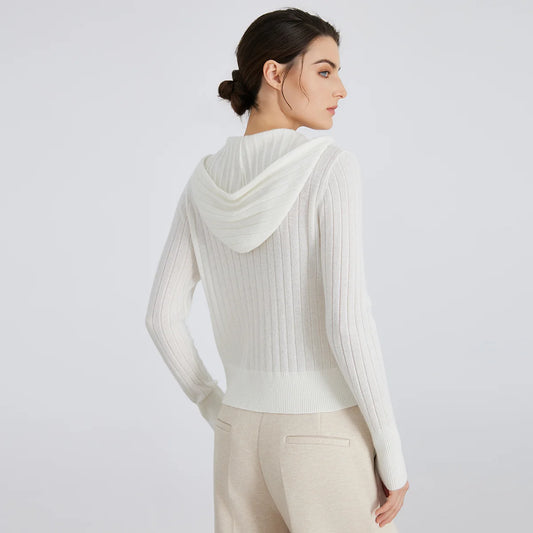 Women's High-Quality Winter Luxury Brand Long-Sleeved Hooded Cardigan & Knitted Sweater With 94% Cashmere For Ladies