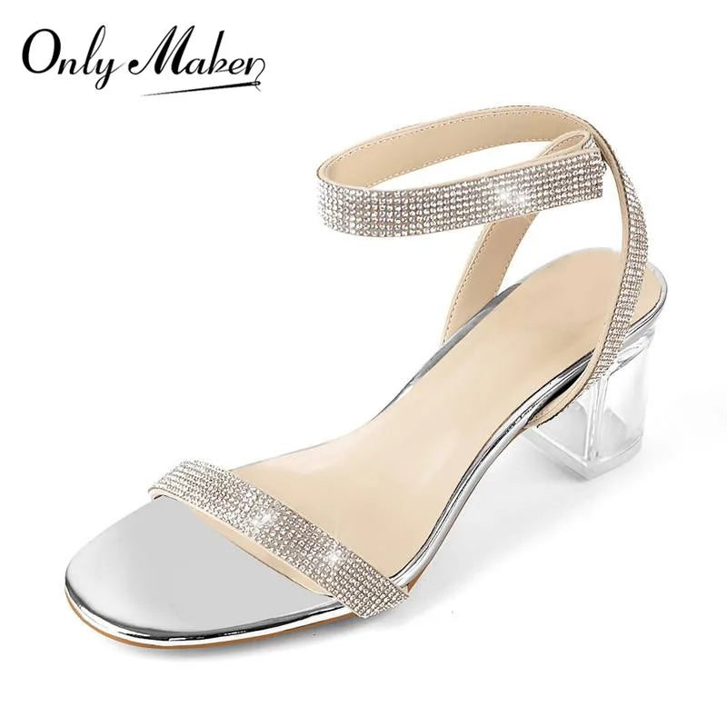 Women Peep Toe Rhinestone Strap Clear Block Chunky Sandals Transparent Perspex Chunky Heels Summer Sandals