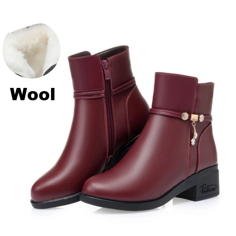 Women's Mother Female Genuine Leather Shoes Ankle Boots Winter Fur Plush Wool Warm Zipper