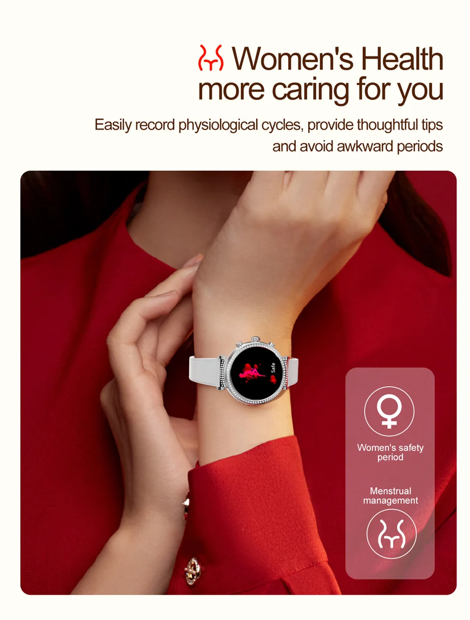 Women Diamond Smart Watch ECG Women Health tracking Watch Full Touch Screen BT Call Custom dial Smartwatch Compatible with Huawei & Xiaomi IOS