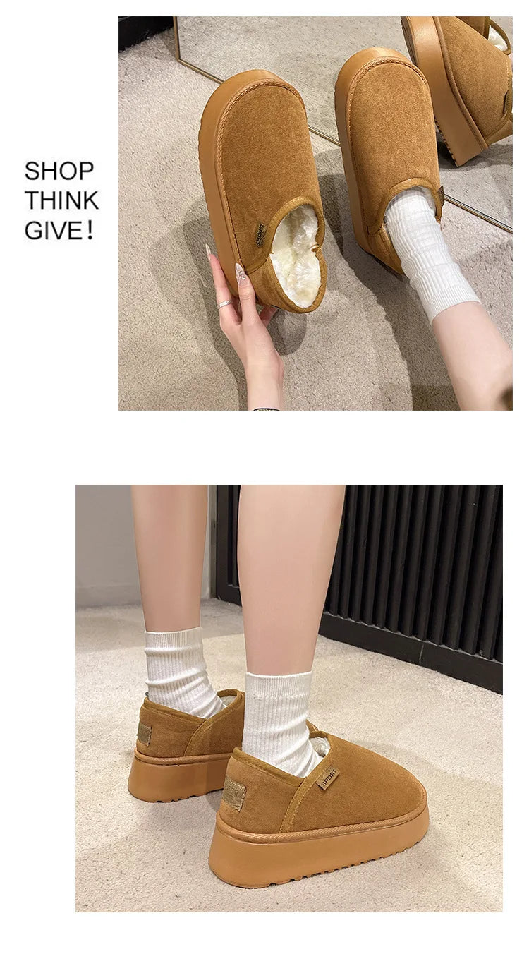Women's Winter Warm Fuzzy Lining Cotton Shoes Fur Fluffy Slippers For Indoor and Outdoor Use With Anti-Skid Plush Thick Sole Cotton Shoes
