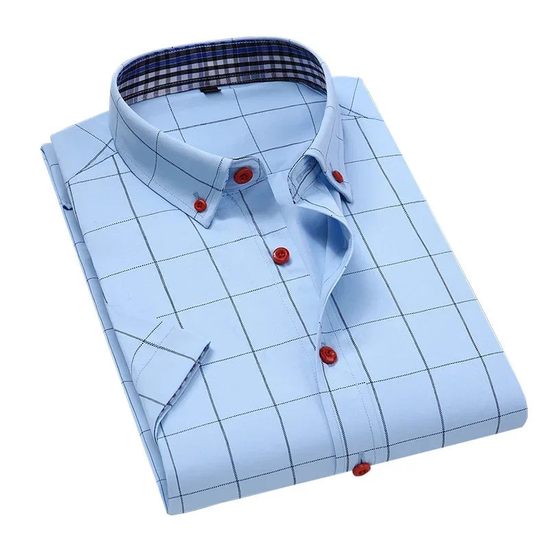 Summer Men Shirts Short Sleeve Plaid Shirt Slim Casual Button Up Dress Shirts Men Big Size M-5XL Anti-wrinkle Soft