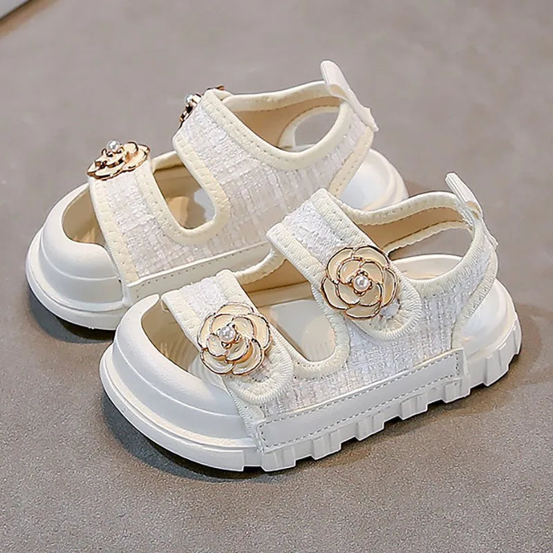 Korean Style Summer Sandals For Girls Luxury Pearl Flower Children's Beach Shoes Ergonomics Soft-soled Kid's Girl Sandals