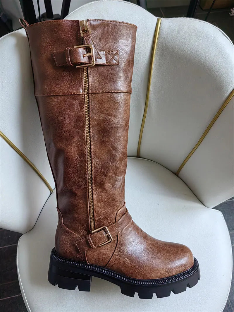 Women Buckle Gothic Black Knee High Boots Heeled Metal Side Zipper Fashion Matte  Modern Winnter Boots
