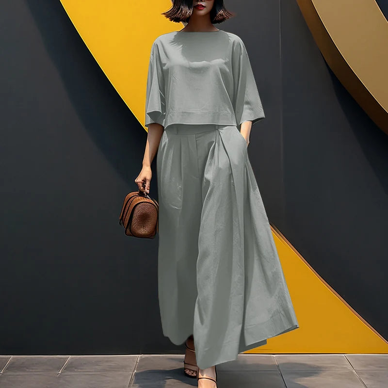 Women Causal 2PCS Pant Sets Loose 3/4 Sleeve Tops Wide Leg Pants 2-Pieces Outfits Solid Colour Fashion Commute Tracksuits