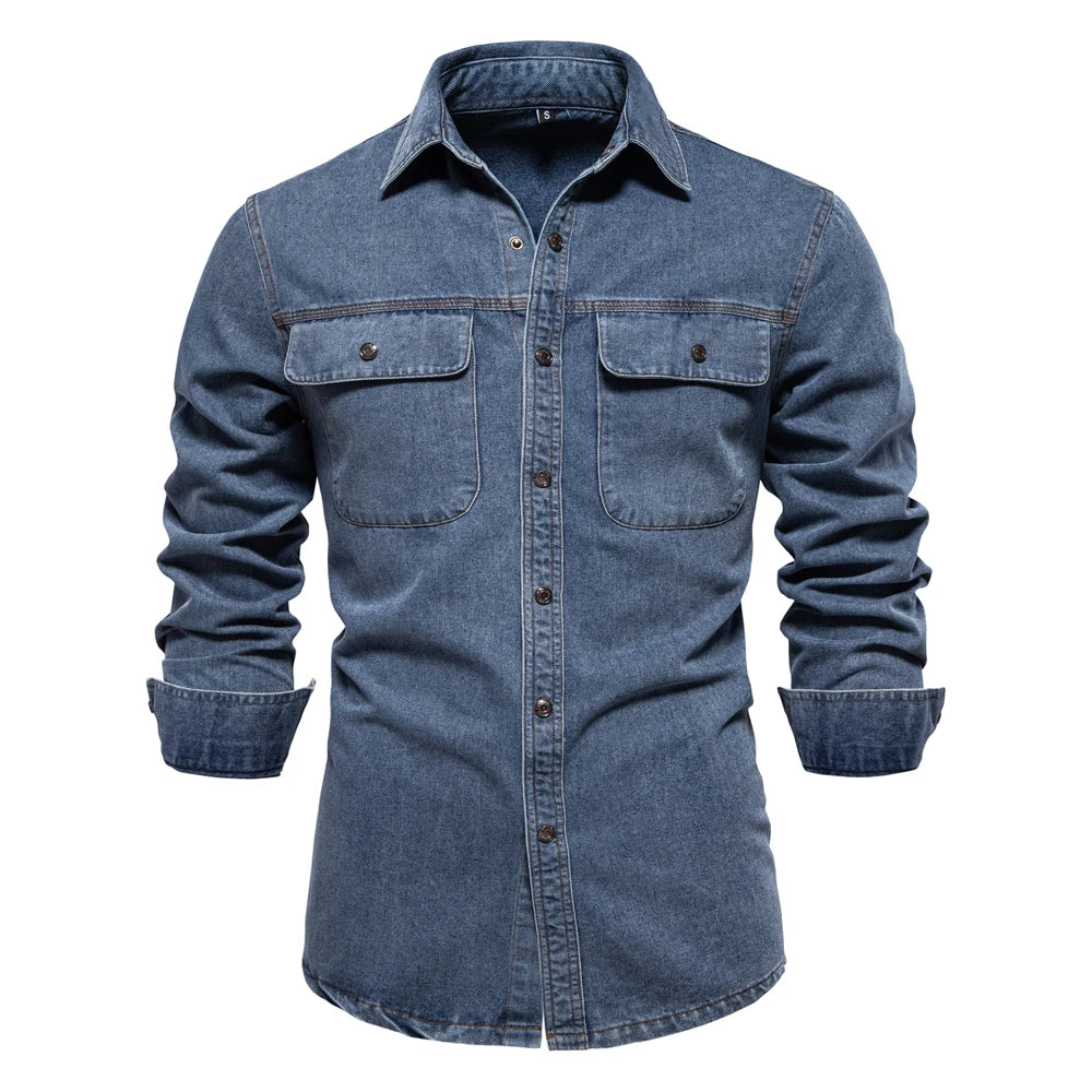 Men's 100% Cotton Denim Shirts Double Pocket Casual Cowboy Shirts Long Sleeve Autumn Jeans Shirts for Men