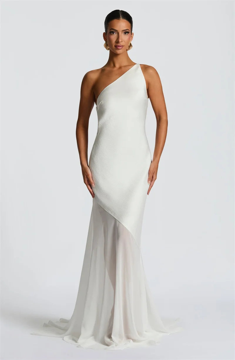 One Shoulder Backless Sleeveless Maxi Dress Women's Sexy Gown Fashion Patchwork Bodycon Club Party Long Dress Elegant Floor-Length