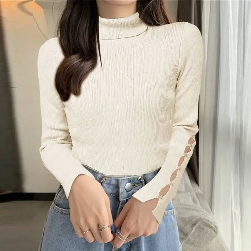 Women Casual Turtleneck Ribbed Sweaters Korean Fashion Long Sleeve Solid Pullovers Autumn 2024 Chic Sleeve Slit Jumpers