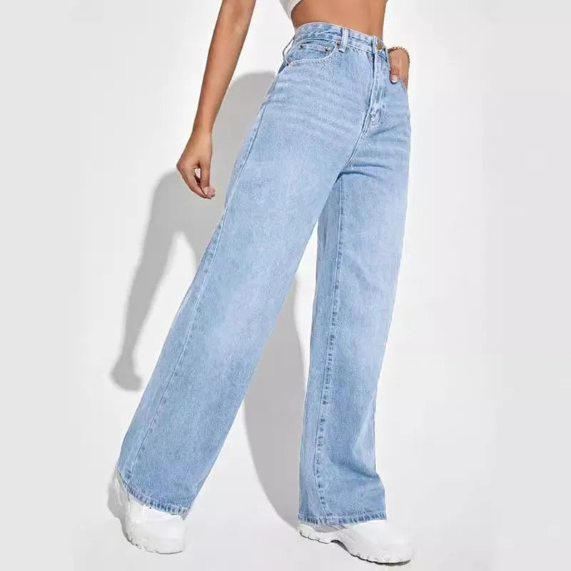 Nieuwe lichtblauwe gewassen denim broek voor dames, modieuze hoge taille rechte jeans, eenvoudige wijde broek, warme uitverkoop