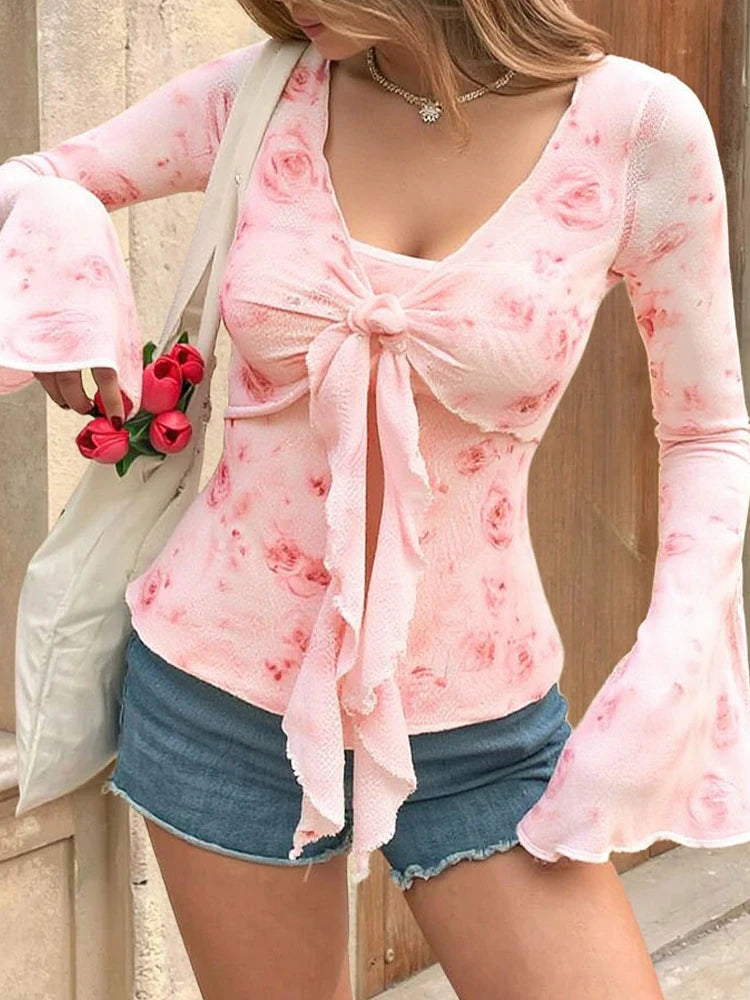 T-Shirts Spring Summer Korean Elegant Floral Folds Long Sleeve V-Neck Dating T-Shirts For Women