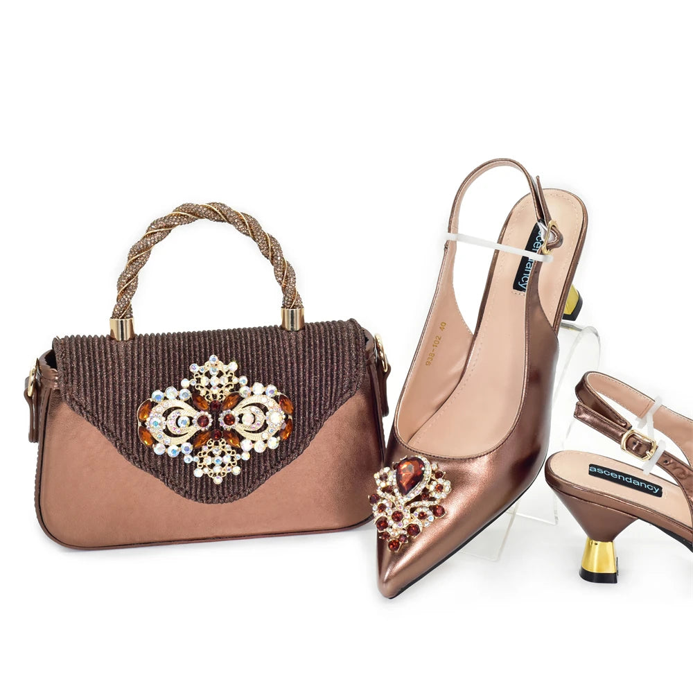 African Matching Shoes and Bags Set Decorated with Rhinestone for Ladies' Party