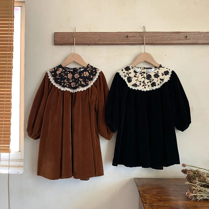 Autumn Velvet Vintage Style Kids Long Dress for Girls Floral Round Collar Princess Kids Clothes Dresses 2-6 Years
