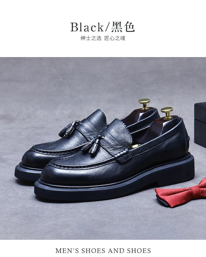 YETTIES Soft Leather Elegant Mens Dress Loafers Shoes Luxury Genuine Leather Tassel Thick Soled Wedding Social Formal Shoes