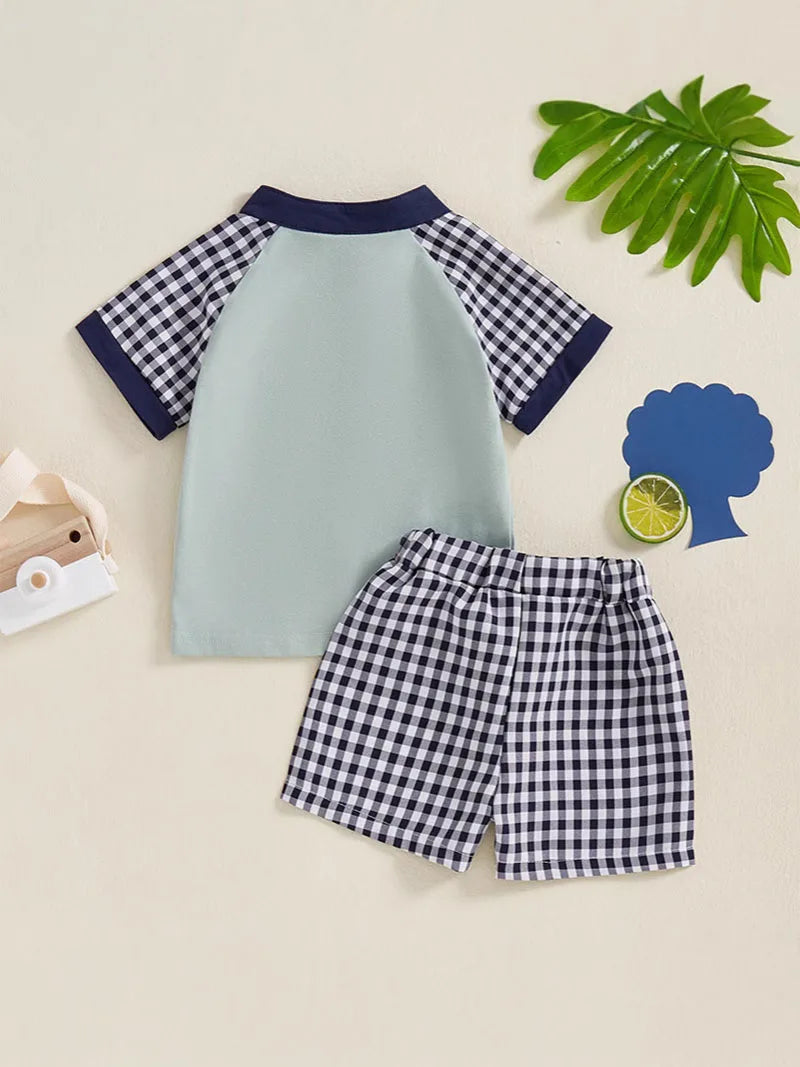 New Summer Kids Clothes Set Boys Girls Cute Patchwork Tops + Grid Short Children Casual Suit 2PCS 1-3Y Unisex
