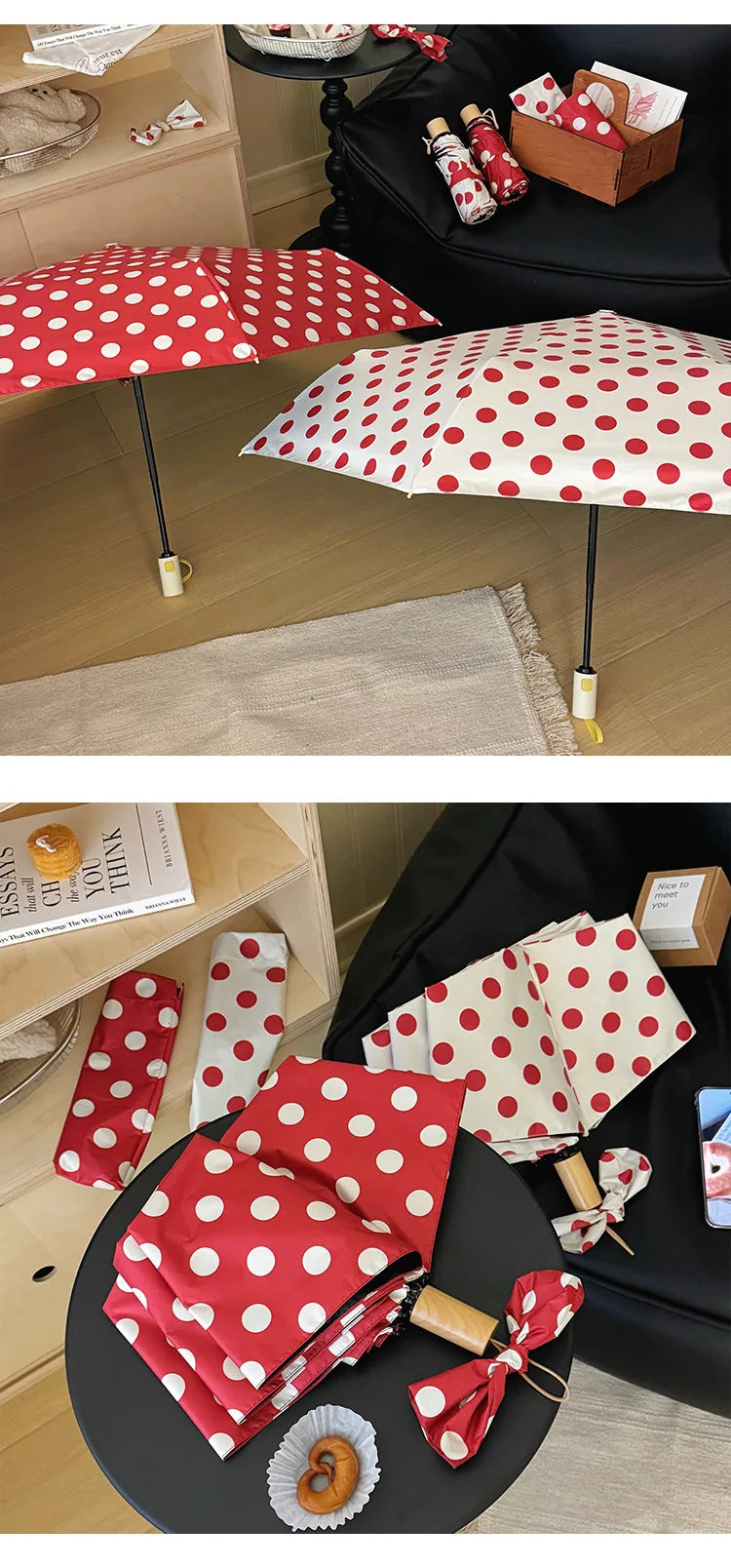 Large Polka Dots AutoOpen/Close Women’s Retro Aesthetic 2-in-1 Umbrella - UPF 50+ Protection 3-Fold Compact, Windproof & Stylish