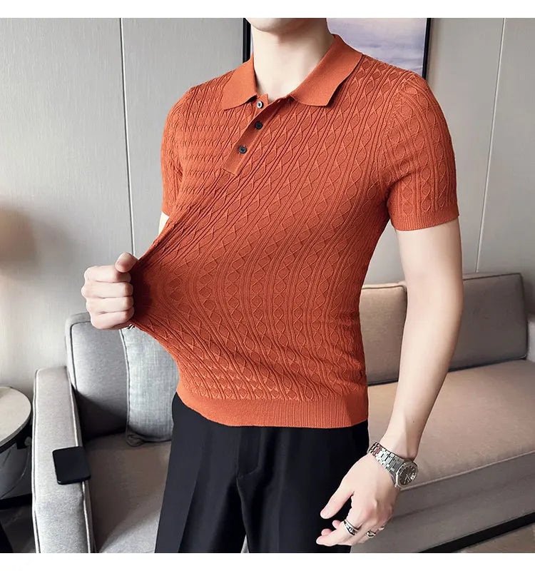 Men's Slim-Fit Jacquard Knitted Short-Sleeved Polo Shirt for Male Fashion Lapel Golf Shirt