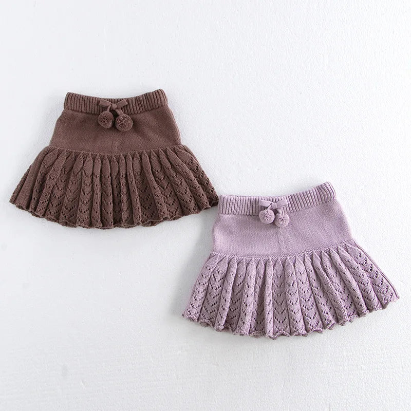 New Autumn Kids Short Skirt Girls Cute Solid Colour Knitted Pleated Skirt Children Hollow Out Knitted Shorts