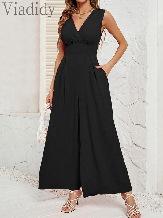 Women Solid Color V-Neck Sleeveless Side Pockets Wide Leg Jumpsuit