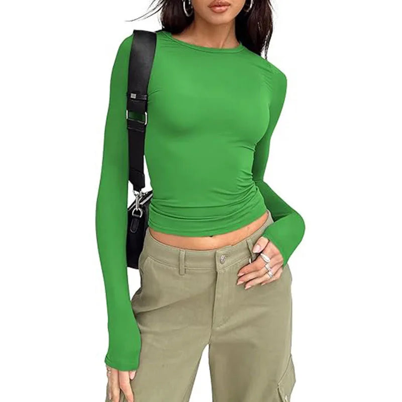 Fashion Senior Women's Long Sleeve Crew Neck Solid Slim Fit T-shirt Crop Top Ladies Daily Streetwear Casual Tee