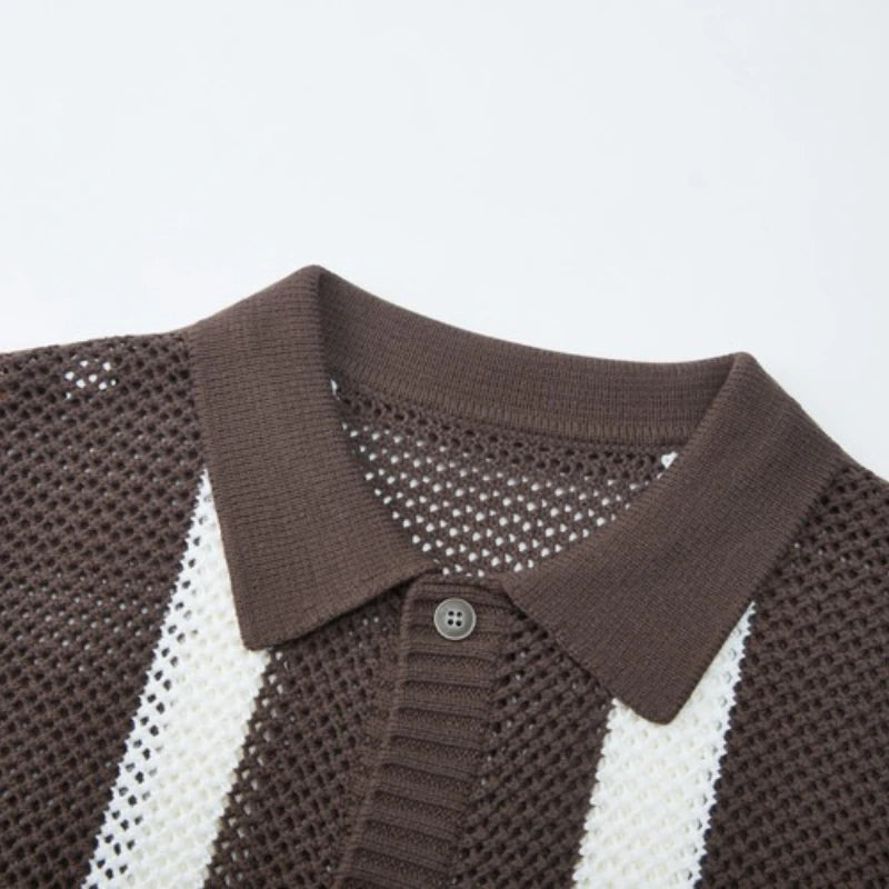 Men's Autumn/Winter Colour-Block Striped Polo Collar Knitted  High Quality Hollow Out Cardigan With 60% Cotton