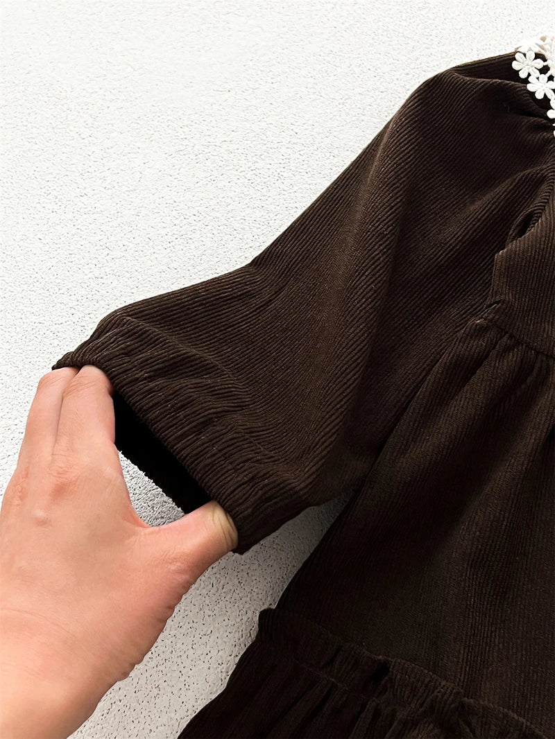 Spring Autumn Girls' Dress Corduroy Long Sleeve Lace Ruffled Collar Dress for Kid's Children's Clothing 2-6Y Girls