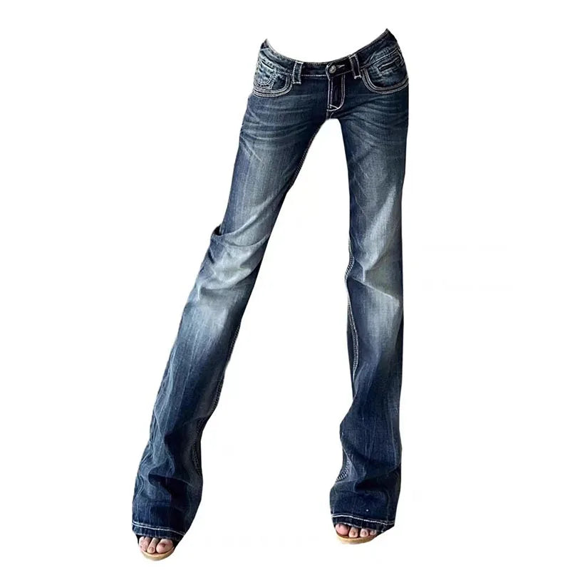 Retro Blue Low Rise Flare Jeans for Women Korean Slim Fit Elastic Denim Pants Woman Streetwear Hot Girl Y2K 2000S Jean Trousers