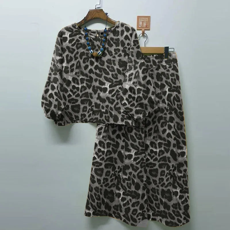 Spring Casual Leopard Printed Suit 3/4 Sleeve O-Neck Blouse Loose Trousers 2PCS Woman Fashion Party Matching Sets
