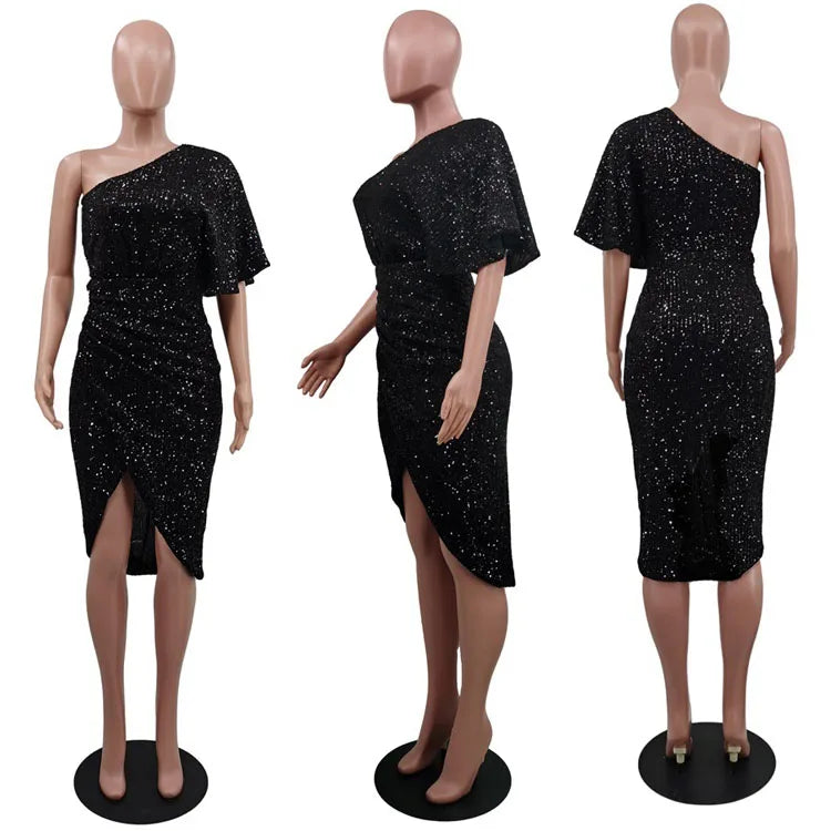 One Shoulder Short Sleeve Sequined Wrap Dress