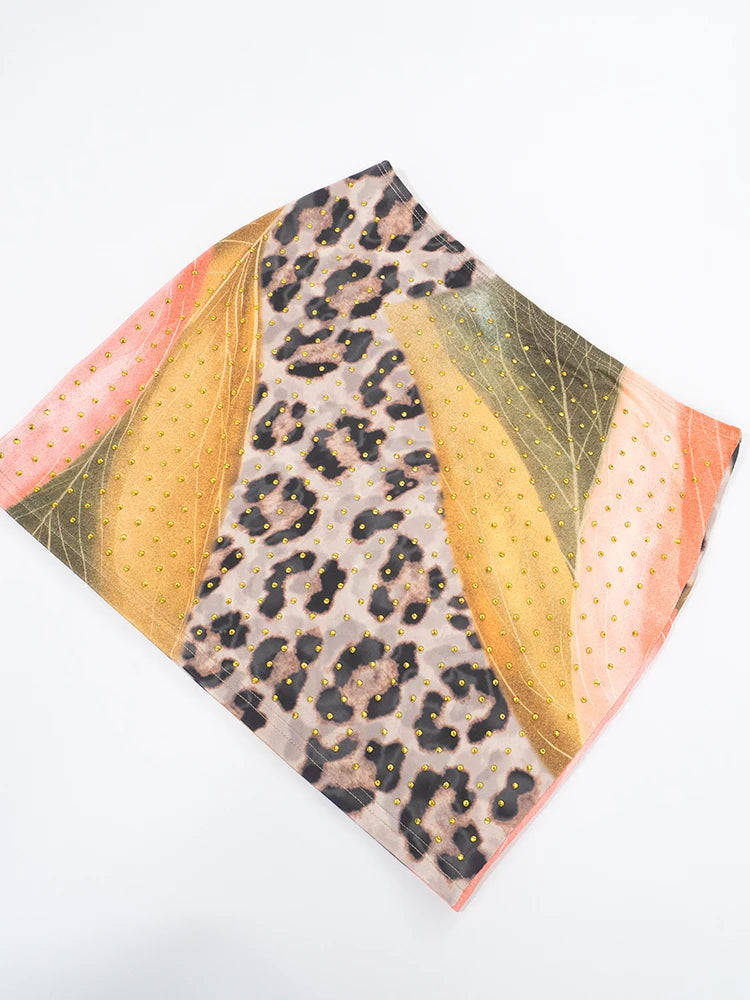 Rhinestones Leopard Print Skirts Women Wild Basic Wild Summer Trend Y2K Hottie Sexy Skinny Party Clubwear Mini Bottom