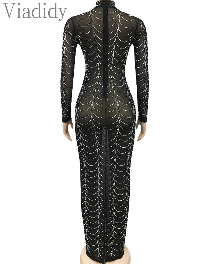 Sexy Rhinestone Sheer Mesh Long Sleeve  Party Dress
