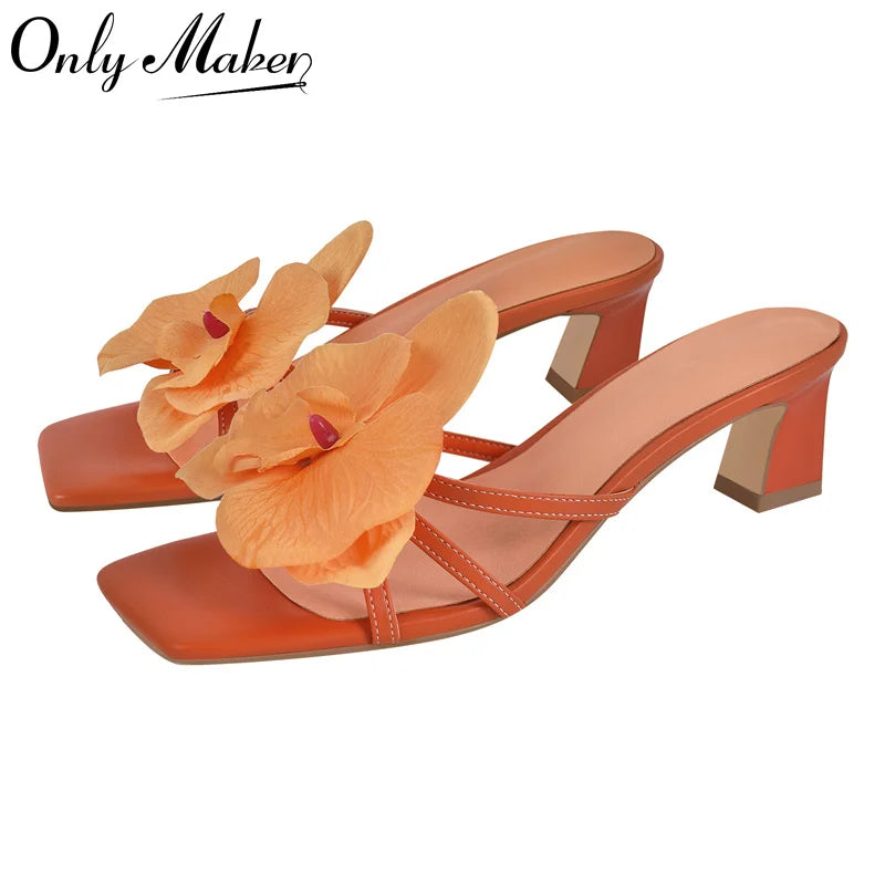 Women Square Toe Flower Mulesl Orchid Heels Slip On Thong 5CM Thin Heel Woman Sandals