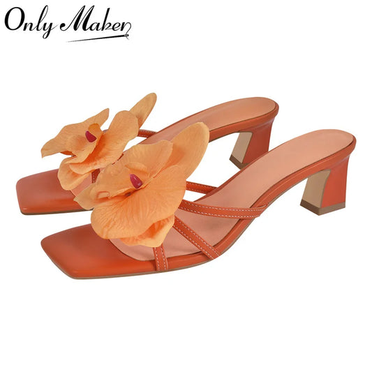 Women Square Toe Flower Mulesl Orchid Heels Slip On Thong 5CM Thin Heel Woman Sandals