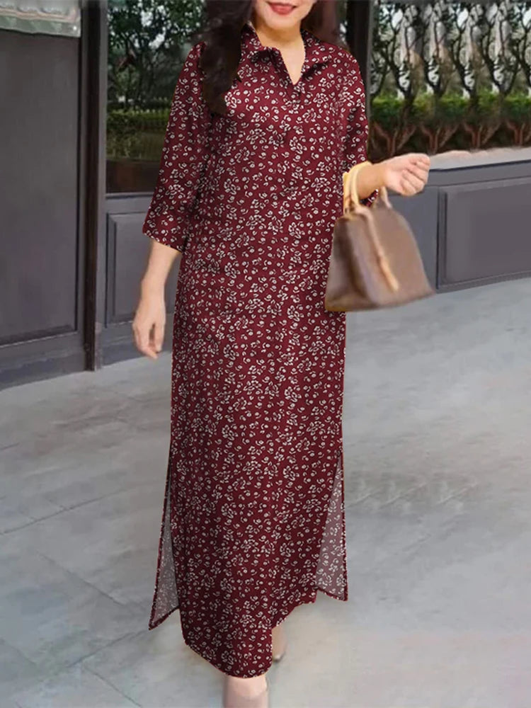 Women 3/4 Sleeve Long Dresses Autumn Fashion Lapel Neck Cotton Shirtdress Vintage Floral Print Maxi Shirt Dress