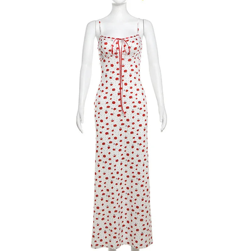 Rose Print Dress Women Square Collar Sleeveless Irregular Sweet Girl Street Fashion Birthday Party Trend Long Bodycon