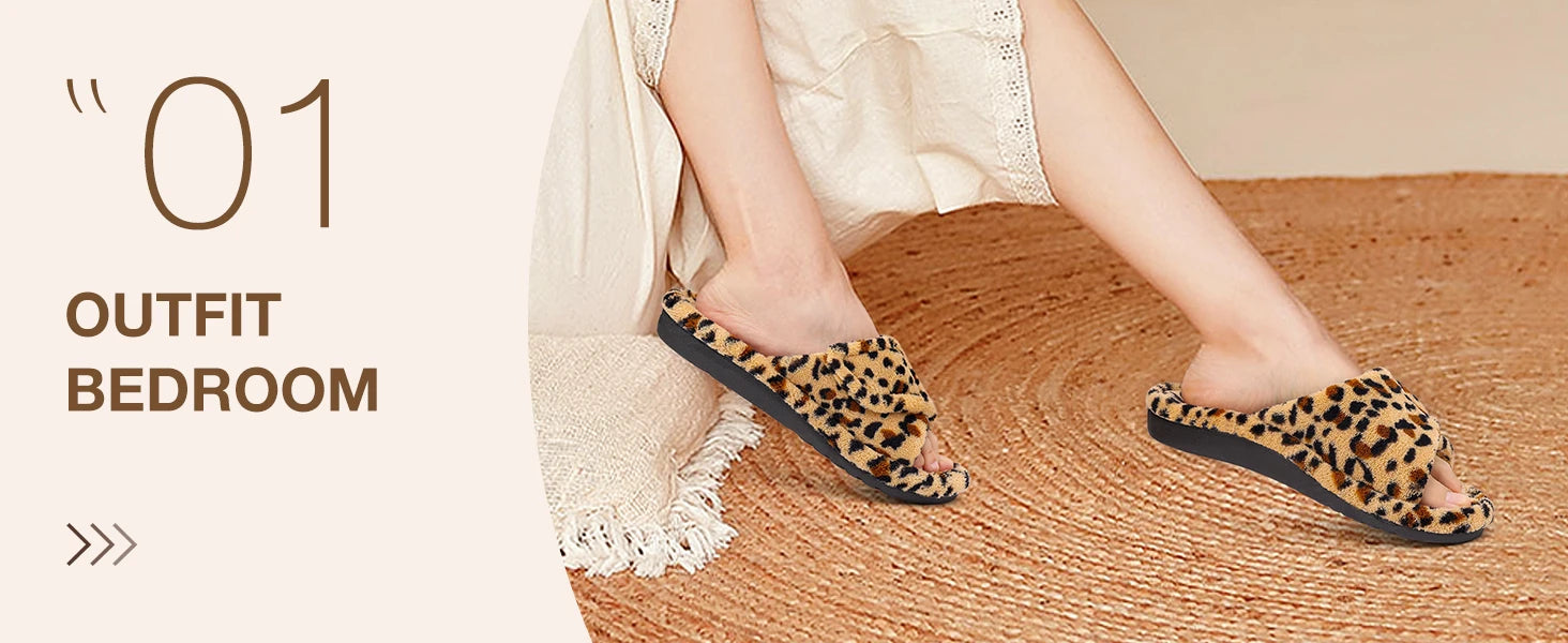 Women's Fuzzy House Slippers Orthopaedic Plush Slide With Arch Support and Open Toe Non-Slip Furry Bedroom Slide Suitable As House Shoes