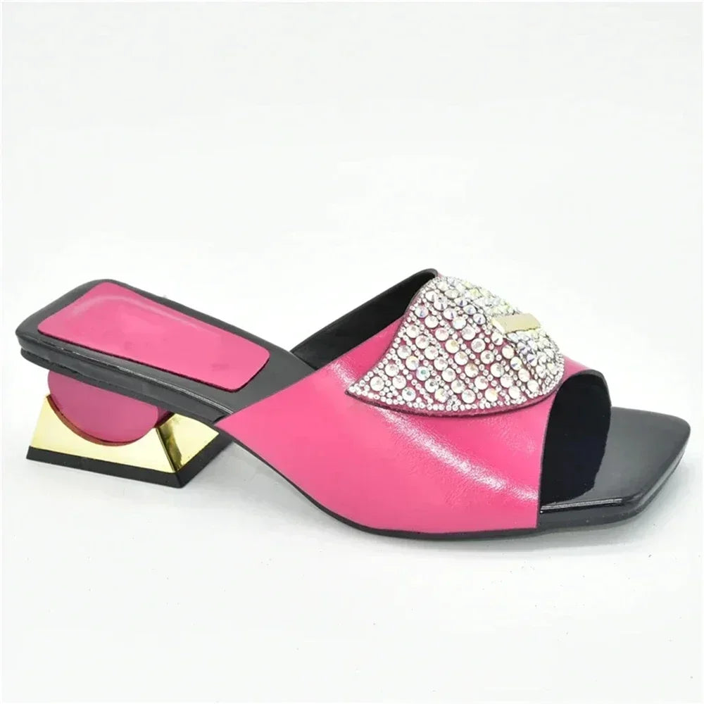 Women's Italian High Heel Slippers Shoes with Metal Trim and Rhinestones for Ladies Suitable for Autumn Wedding