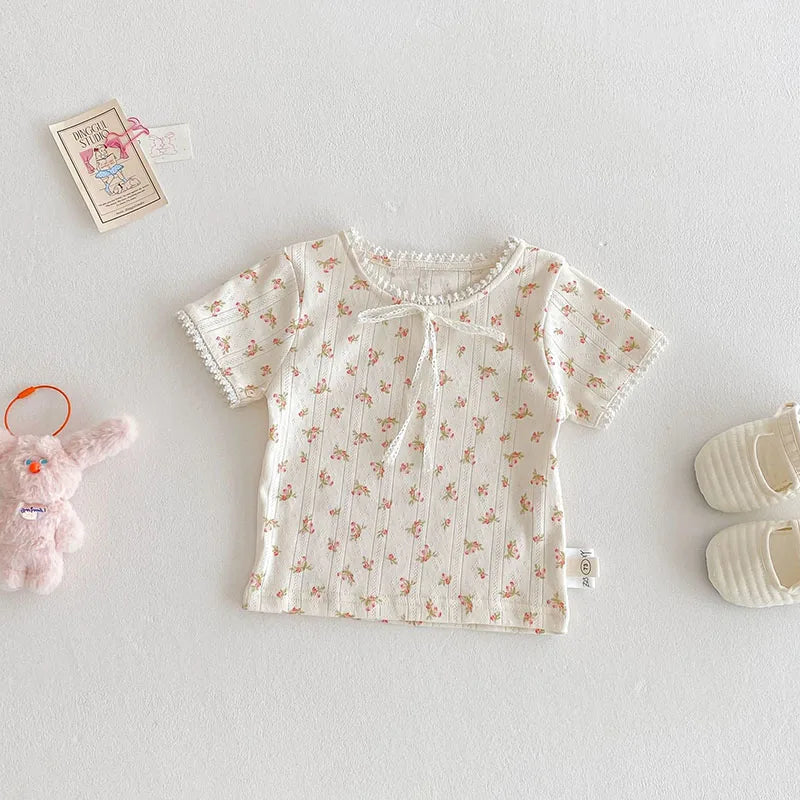 New Summer Kids T-shirt Boys Cute Hollow Out Floral Tops Children Thin Style Pit Strip Lace Girls Tee 1-5T Unisex