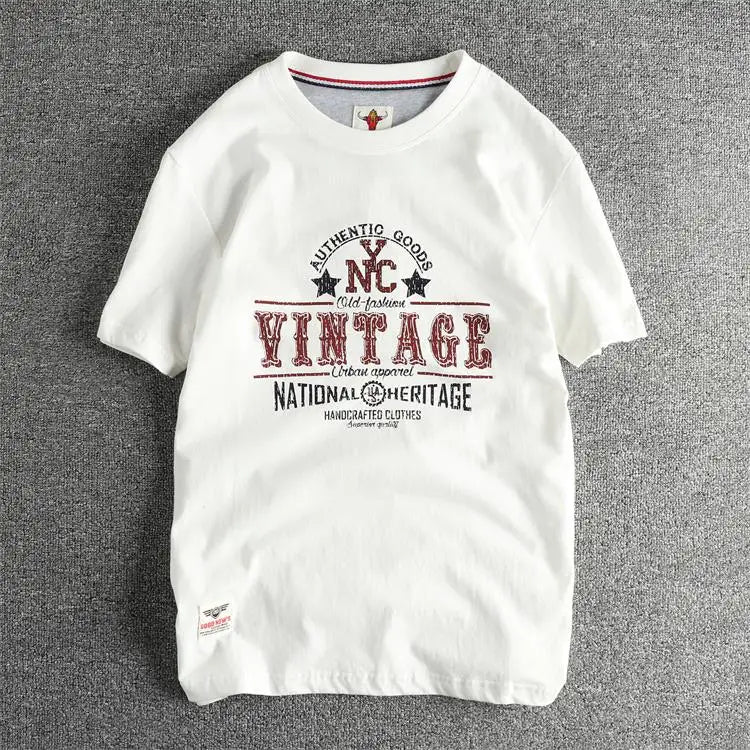 2025 Summer New American Retro Short Sleeve O-neck Letter Printed T-shirt Men's Fashion 100% Cotton Washed Casual Youth Tops