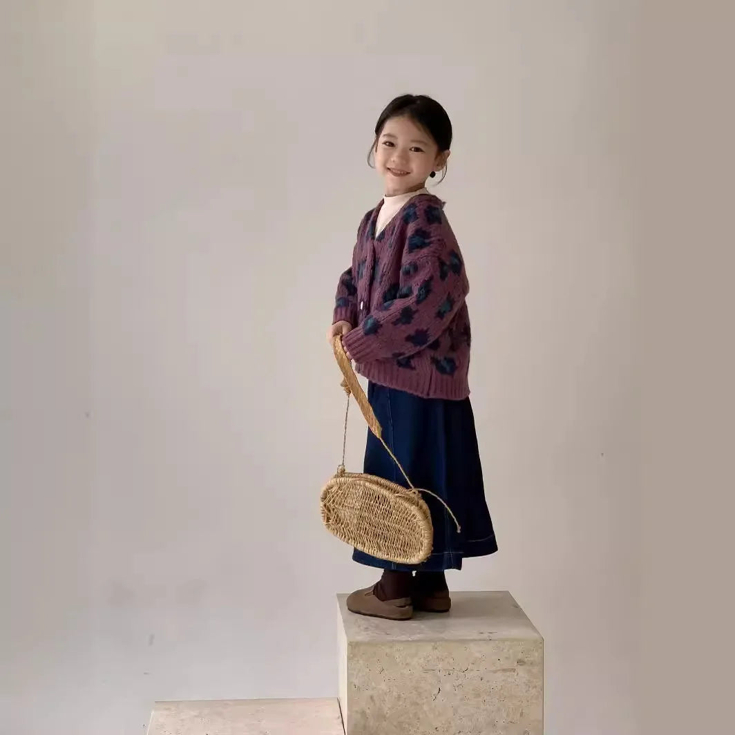 Girls' Autumn Vintage Korean Trendy Leopard Knit V-Neck Cardigan Coat For Children 1-7Y