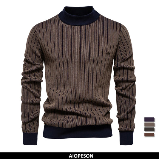Men's Mock Neck Cotton Pullover Sweaters Autumn Winter Warm Stripped Sweater for Men