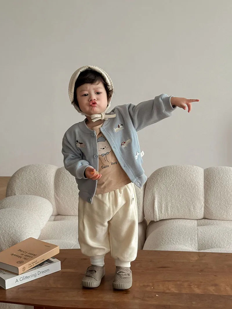 New Autumn Boys Girls Dog Baseball Uniform Cartoon Embroidered Pattern Kids Coat Fashion Children Clothes Pants 9M-5T Unisex