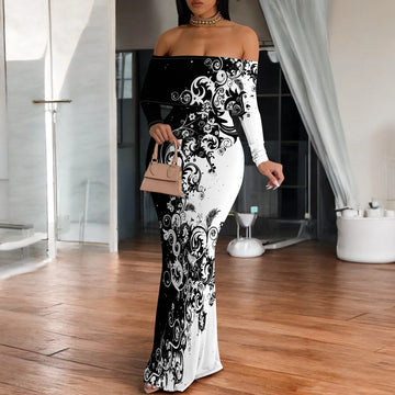Plus Size Black White Floral Off-Shoulder Long Sleeve Maxi Dress - Women's Dramatic Elegant Party Evening Resortwear