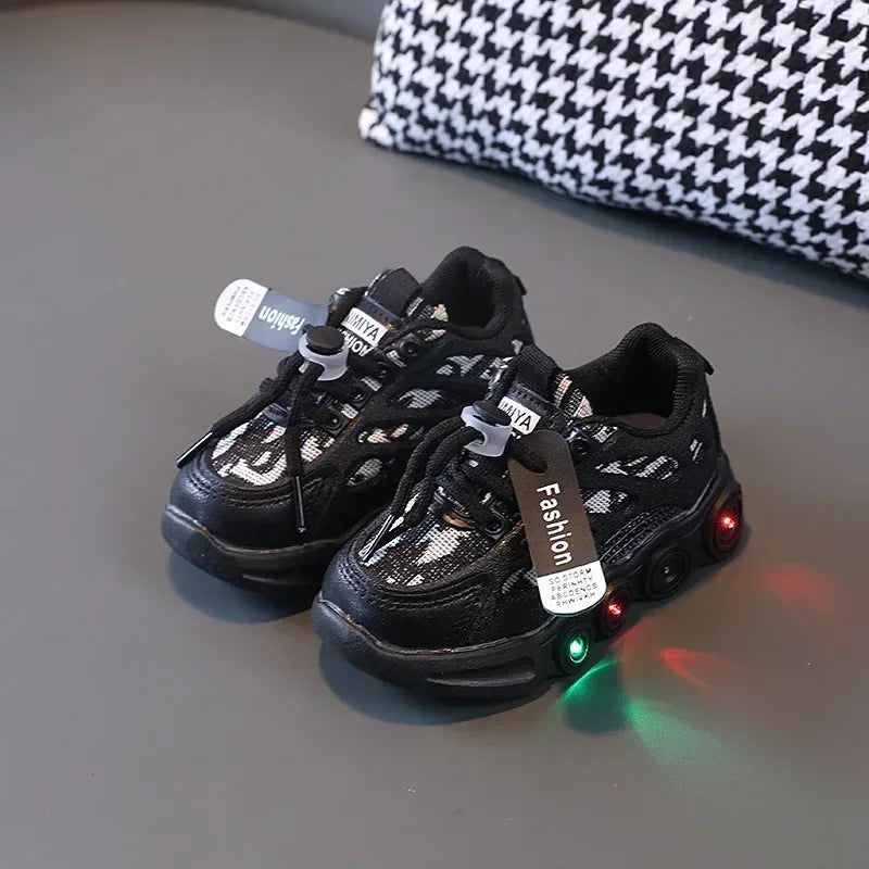 Kids LED Light Up Sneakers - Glow Boys 1-6 Years Breathable Mesh Sporty Shoes Casual Letter Webbing Luminous Footwear