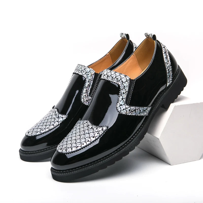 Slip-on Men Formal Dress Party Shoes Black Silver Male Business Adult Loafers Large Size 38-47 Adult Fashionable Wedding Shoes
