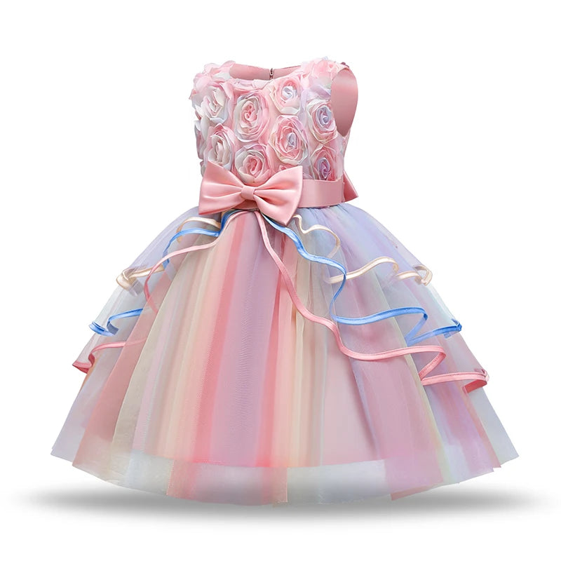 Fashion Girl's Dress Summer Rose Princess Dress Patchwork Mesh Performance Costume Children's Birthday Gown 3-8Y Girls