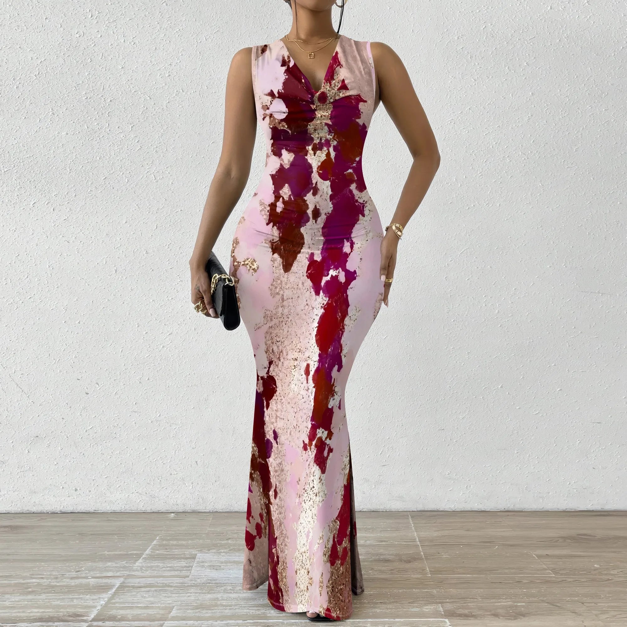 Women's V-Neck Sleeveless Maxi Dress Abstract Artistic Print Elegant Summer Party Dress