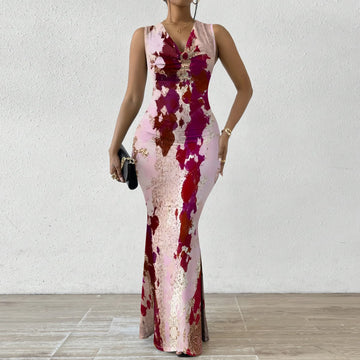 Women's V-Neck Sleeveless Maxi Dress Abstract Artistic Print Elegant Summer Party Dress
