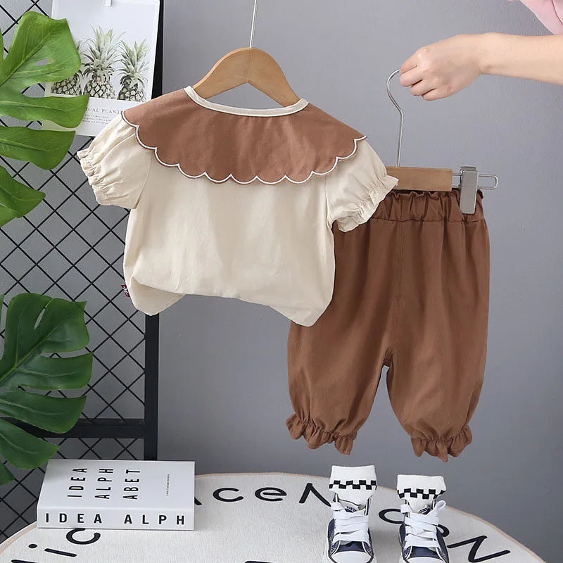 New Summer Kids Clothes 2PCS Set Cute Doll Collar Girls Shirt + Flower Pants Children Thin Style Outwear 12M-5T Girls