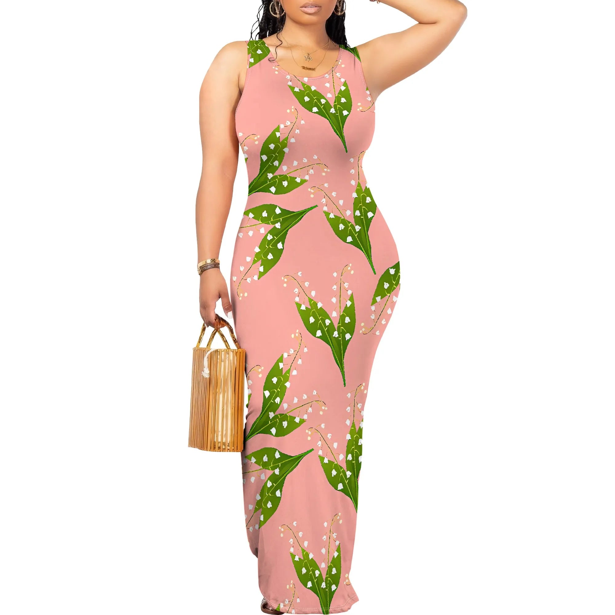 Lily of the Valley Print Maxi Dress Sleeveless Green Leaf Pink Bodycon Long Dress for Women Spring Summer Look